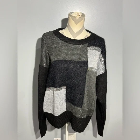DKNY Women's Geometric Sweater - Black, Gray, and White - Picture 1 of 13